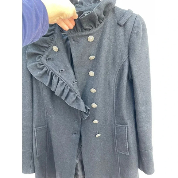 Versace Womens Long Sleeve Ruffle Collar Wool Peacoat Jacket Black Sz M - Picture 3 of 12